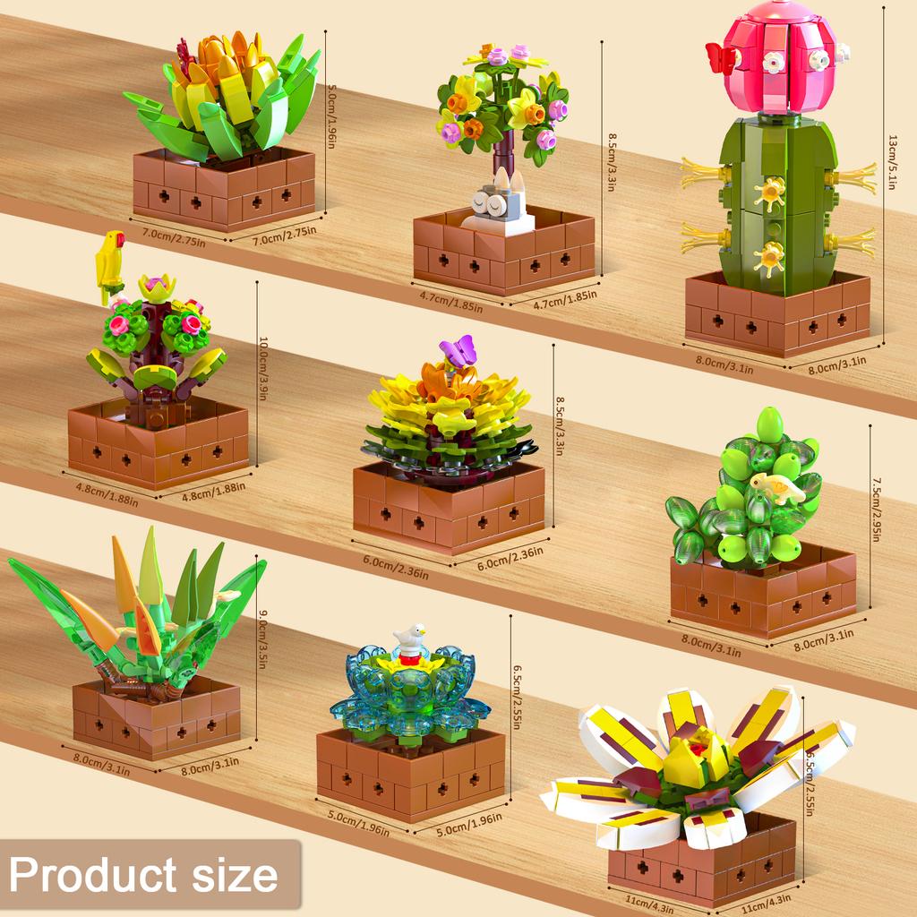 9 Sukkulenten Pflanzen Bauset, 913 Teile Blumen Botanische Sammlung Bonsai Künstliche Pflanze Set Bausteine Spielzeug für Zuhause
