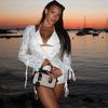 Fashion Women's New Pure Color Casual Lace Up Lace Long Sleeves Top Skirt Backless See-through Deep V Strap Suit