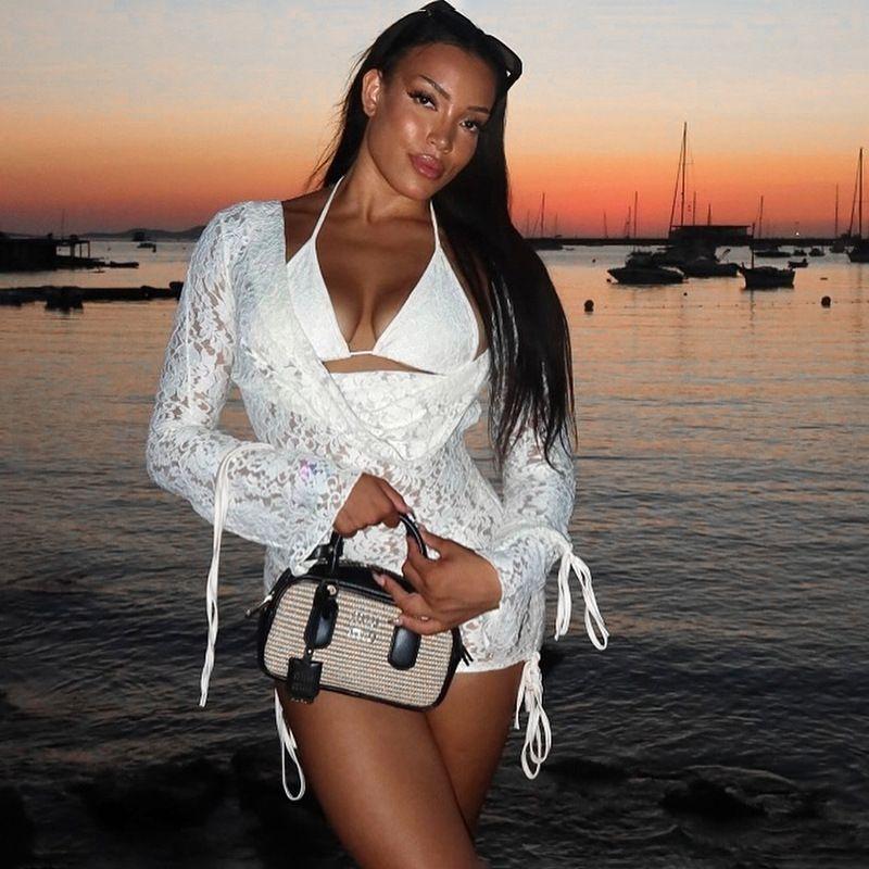 Fashion Women's New Pure Color Casual Lace Up Lace Long Sleeves Top Skirt Backless See-through Deep V Strap Suit