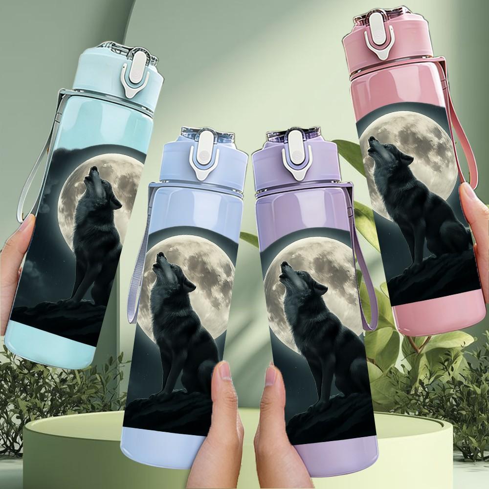 1PC Wolf Howling Moon Night Print 750ml Color Plastic Sports Water Bottle Leakproof Flip Straw Lid Suitable for Sports Office Home Use