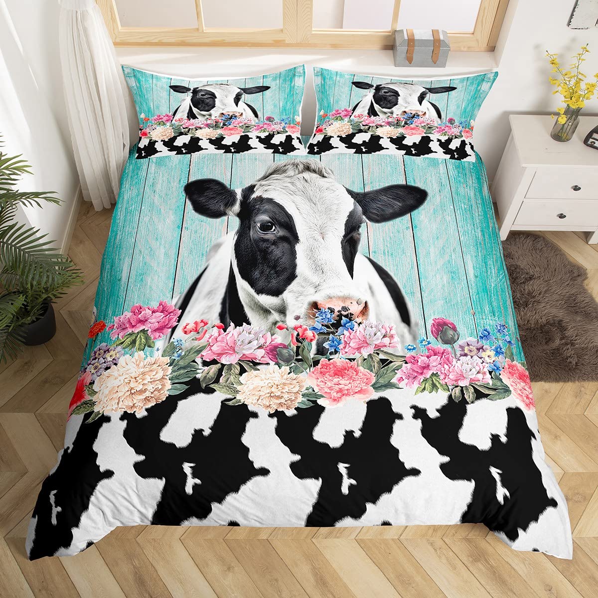 

Комплект пододеяльника с коровами Размер Твин Кинг Фермерские животные Постельное белье Принт зеленых виноградных листьев Пододеяльник Рустикальный узор деревянных досок Покрывало EU single(135x200cm)