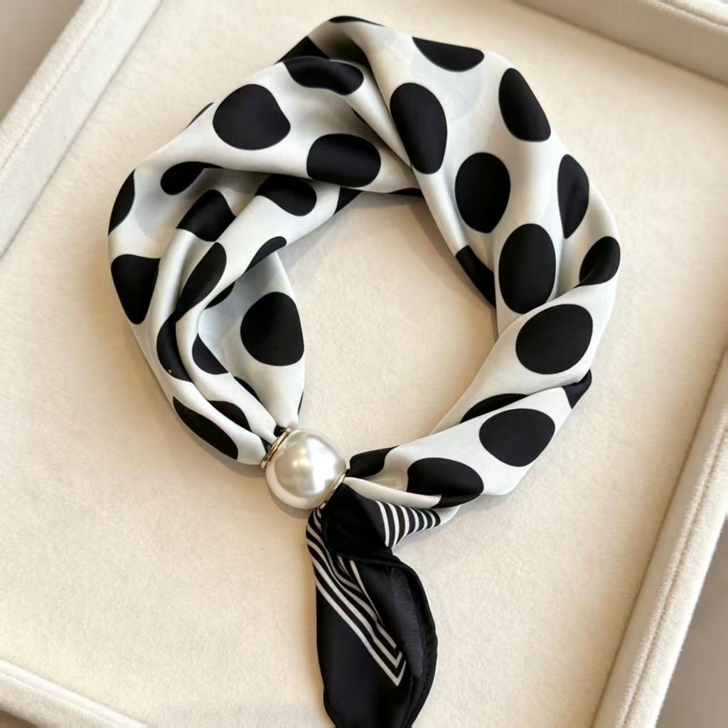 Popular Magnetic Buckle Pearl Necklace Silk Scarf Classic Striped Design Small Scarf Women's Protection Collar Anti-sun Thin Scarf