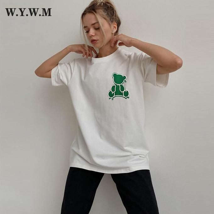 

WYWM корейские футболки с 3D рисунком медведя, женские летние свободные футболки с короткими рукавами из 100% хлопка, женские модные базовые топы для улицы
