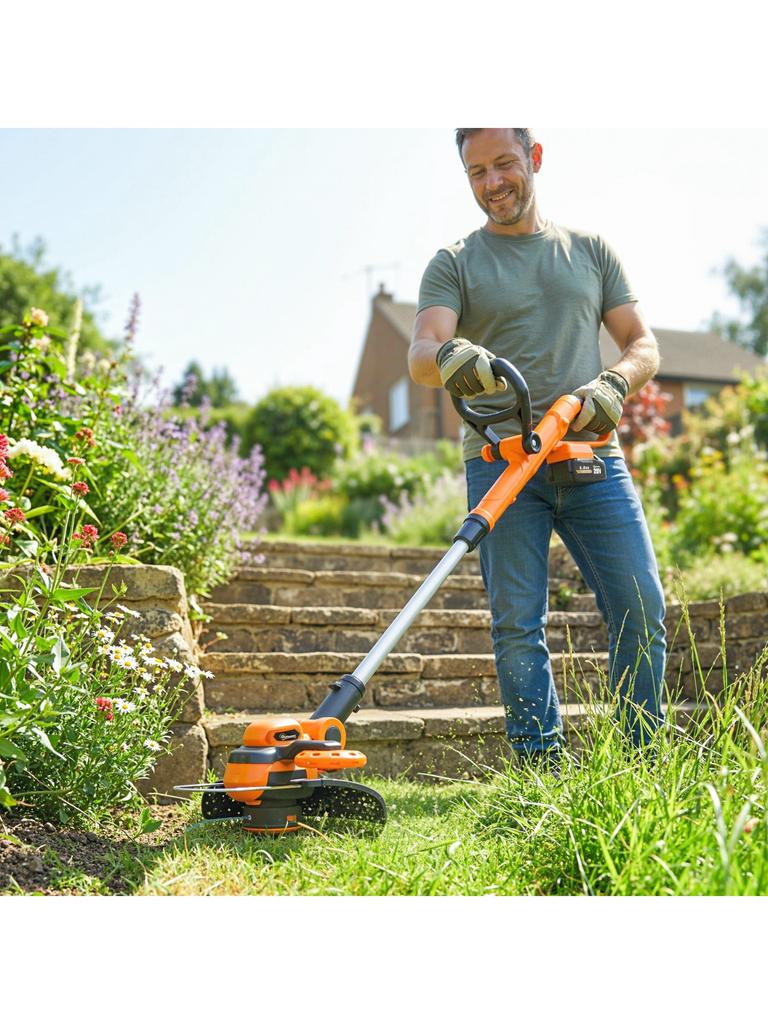 Cordless Lawn Trimmer 21V with 2x4.0Ah Batteries, 25 cm Cutting Width