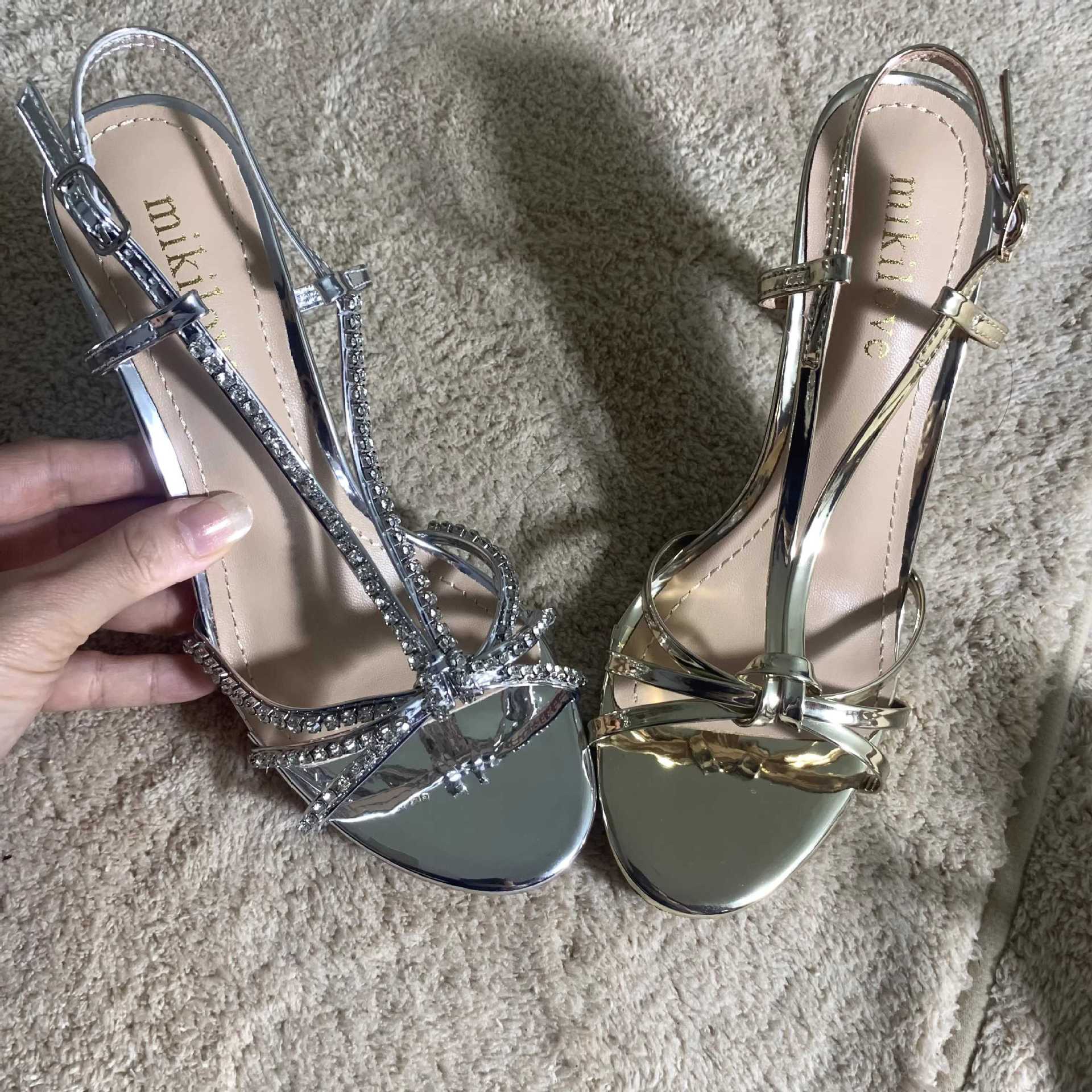

Summer 2025 new sandals round head rhinestone high heel stiletto with sexy silver French open-toed women s shoes 41 серебряный