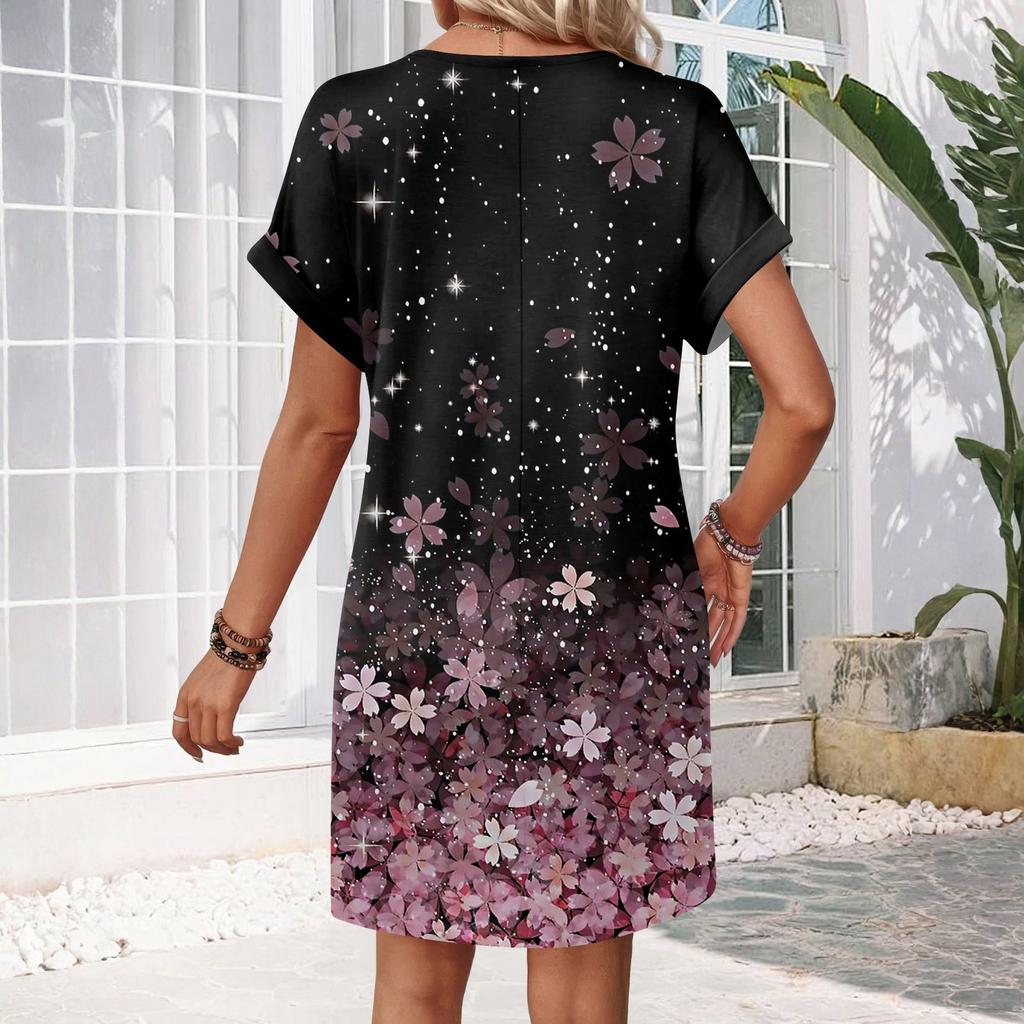 Women's Fashion Print V-Neck Short Sleeve Pocket Casual Pullover Dress