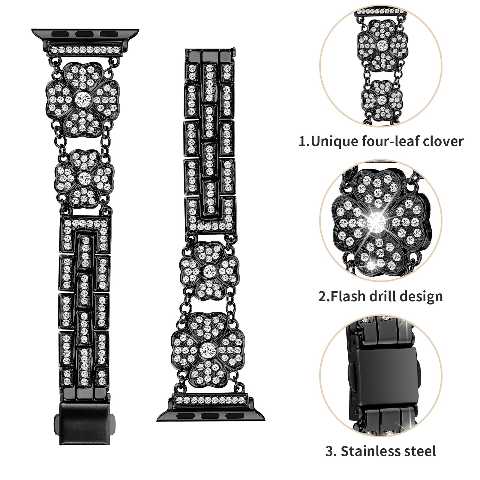 

Watch Strap for Apple Watch Series 10 42mm/9 8 7 41mm/SE (2023) SE (2022) SE 6 5 4 40mm/3 2 1 38mm Rhinestone Clover Decor Metal Watch Band Silver