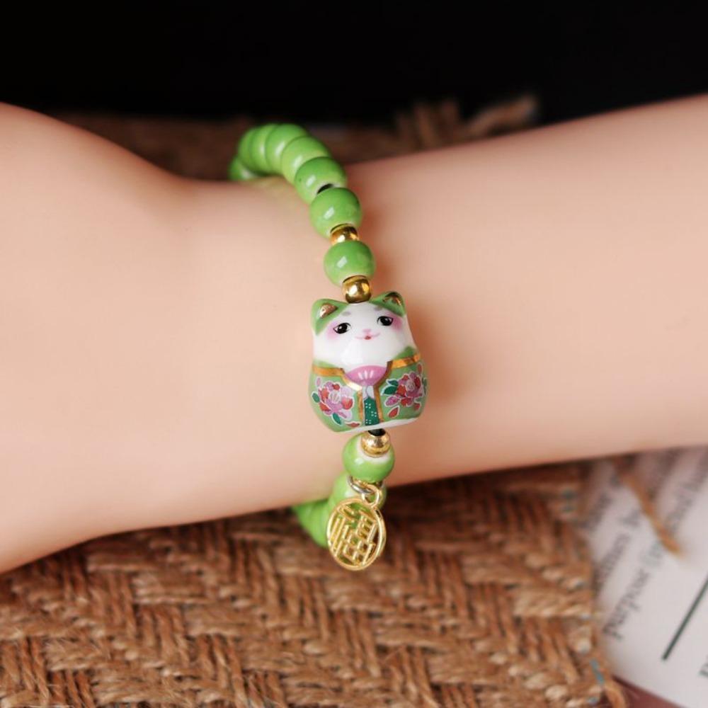 

Unisex Bead Fortune Cat Hand Strap Lucky Women Bracelet Chinese Style Hand Chain Cat Shape red-B