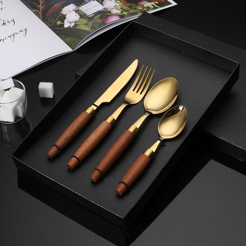Edelstahl Steakmesser, Gabel, Löffel, Essstäbchen, Guter Holzgriff, Geschirr-Geschenk, Küchengeschirr, Komplette Sets