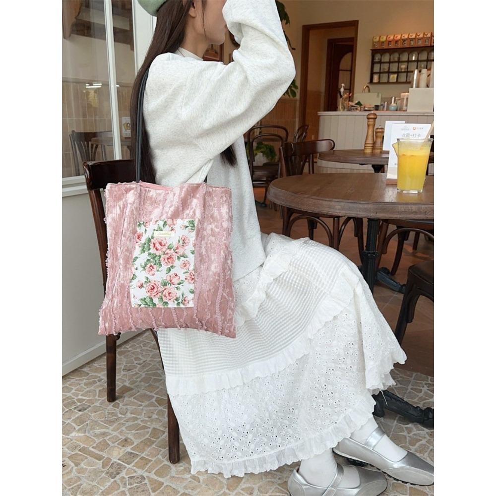 Pearl Light Niche Design Canvas Bag Large-capacity Commuter Bag Lace Hand-held Shoulder Bag for Girls