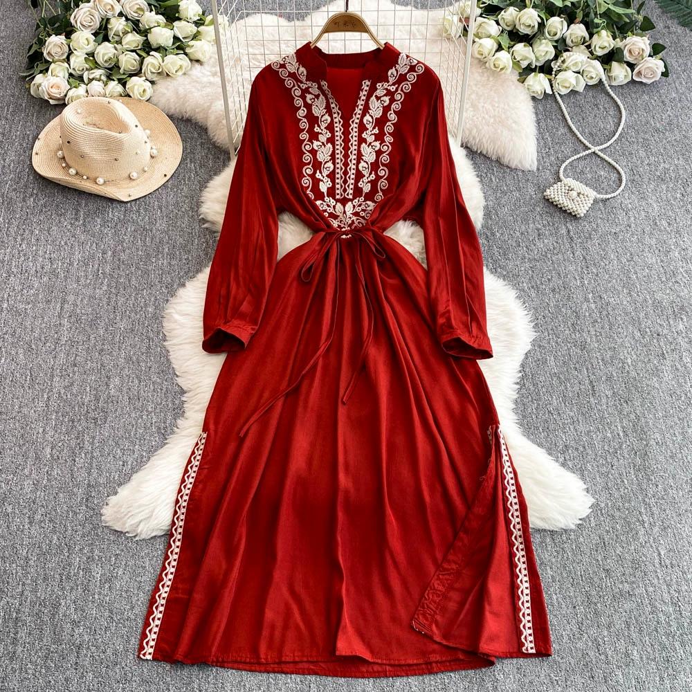 

Свободное льняное платье с национальной вышивкой и длинными рукавами 2025 года, весна-осень, знаменитости, этнический стиль, ретро, длинные платья, красная одежда M красный