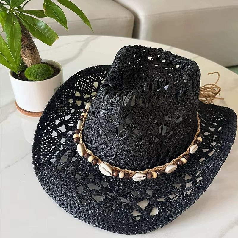 Vintage Sommer Strand Böhmischer Strohhut Muschel Damen Herren Western Cowboy Hüte Holzperlen Hohl Sonnenschutz Urlaubskappe