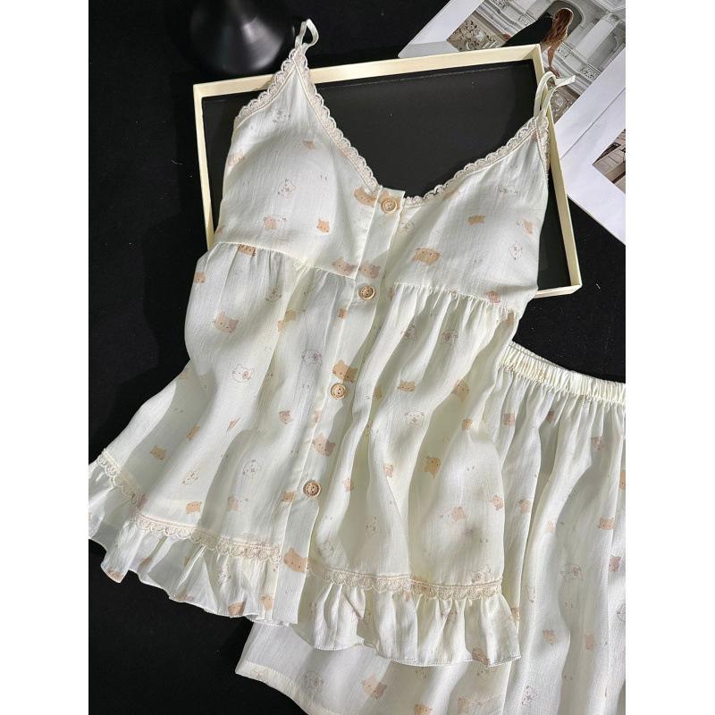 [Lyocell] Women's sleepwear with chest pads, summer sweet and fresh KT kitten camisole shorts, two-piece loungewear
