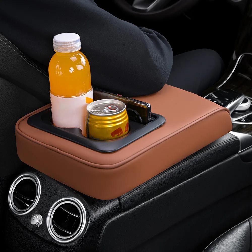 2 in 1 Car Armrest Cushion with Cup Holders, PU Leather Center Console Pad, Portable Height Adjustable Pillow for Comfort Suppor