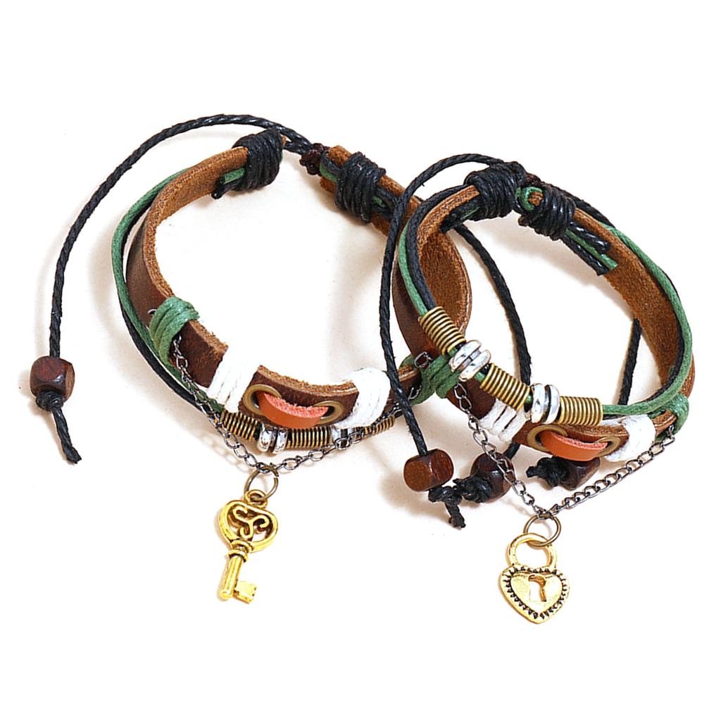1 Paire Bracelet Couple Cuir Vachette Homme Femme Marron Rétro Réglable Tressé pour Rendez-vous Fête