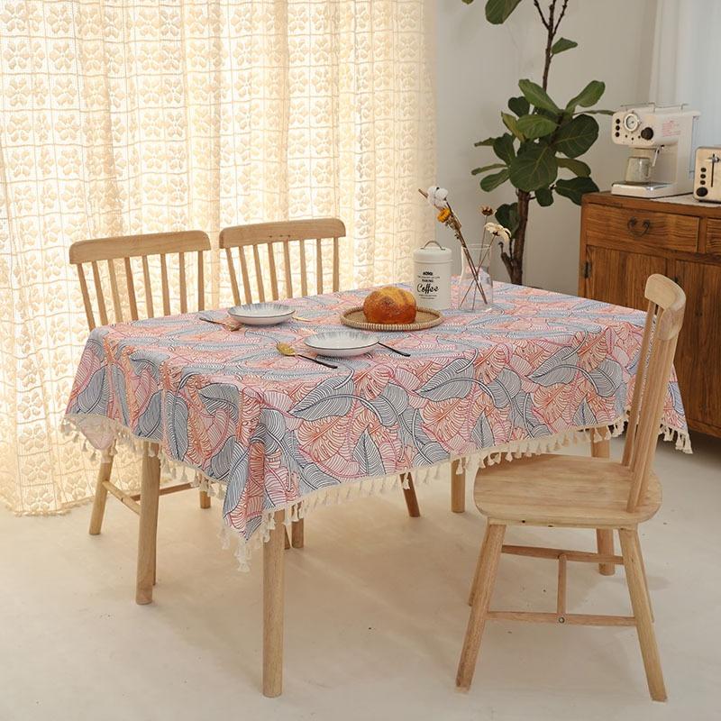 Pastoral Style Cotton and Linen Tea Table Towel Fashionable and Minimalist Green Leaf Tablecloth Rectangular Tassel Table Cloth Large Size Table Cover