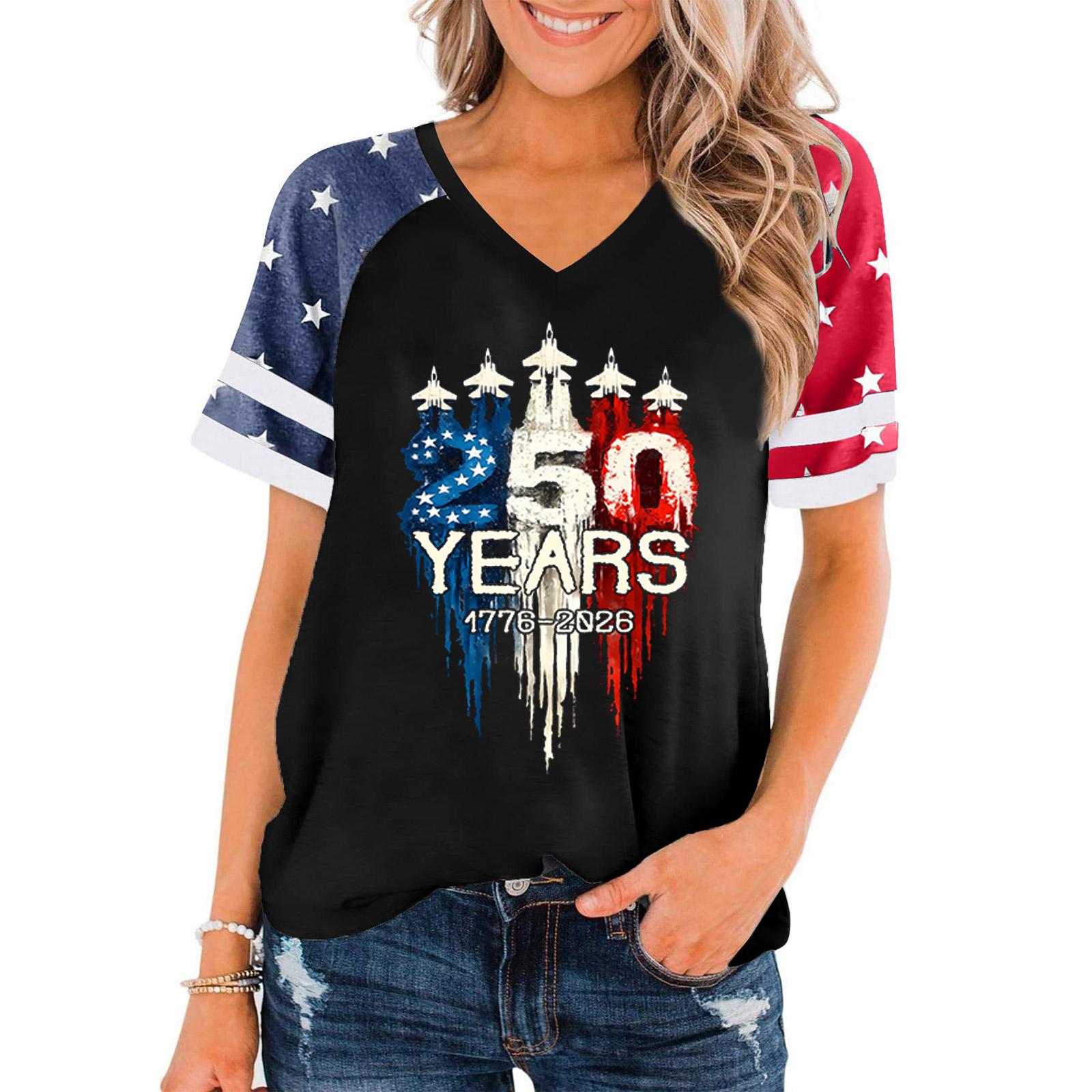 

Women Casual V Neck Short Sleeve Pullover T Shirt Independence Day Print Top 250 Years 1776-2026 Patriotic Graphic Tee L чёрный