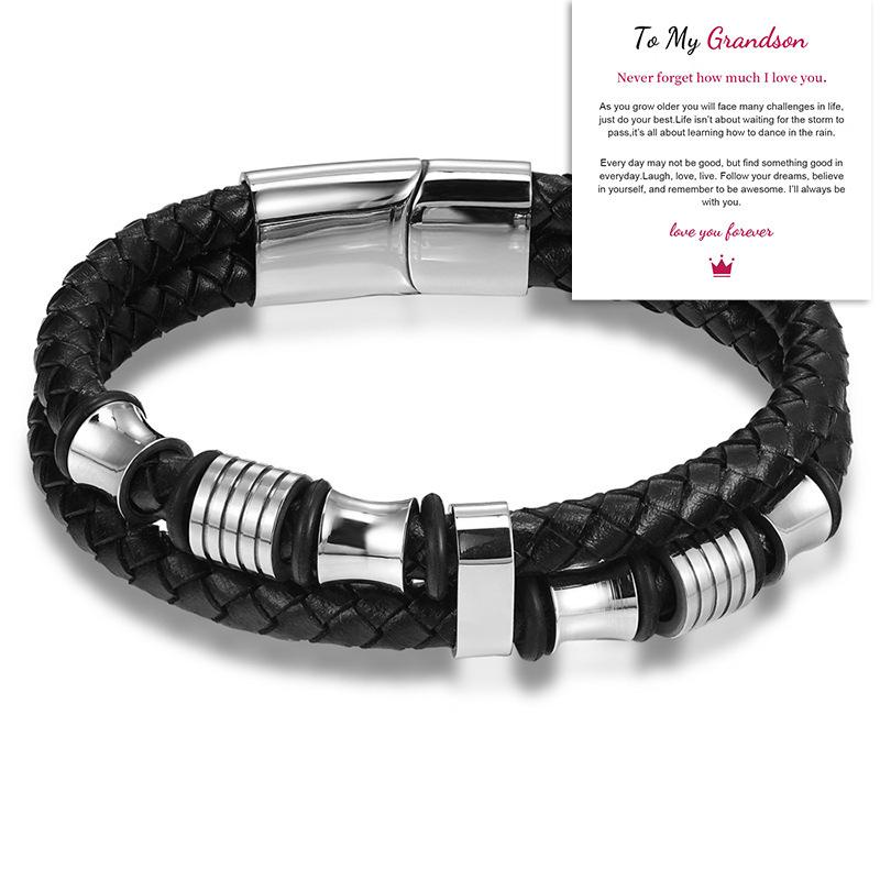 Leather rope bracelet cowhide men's double-layer stainless steel leather woven bracelet handmade multi-layer bracelet