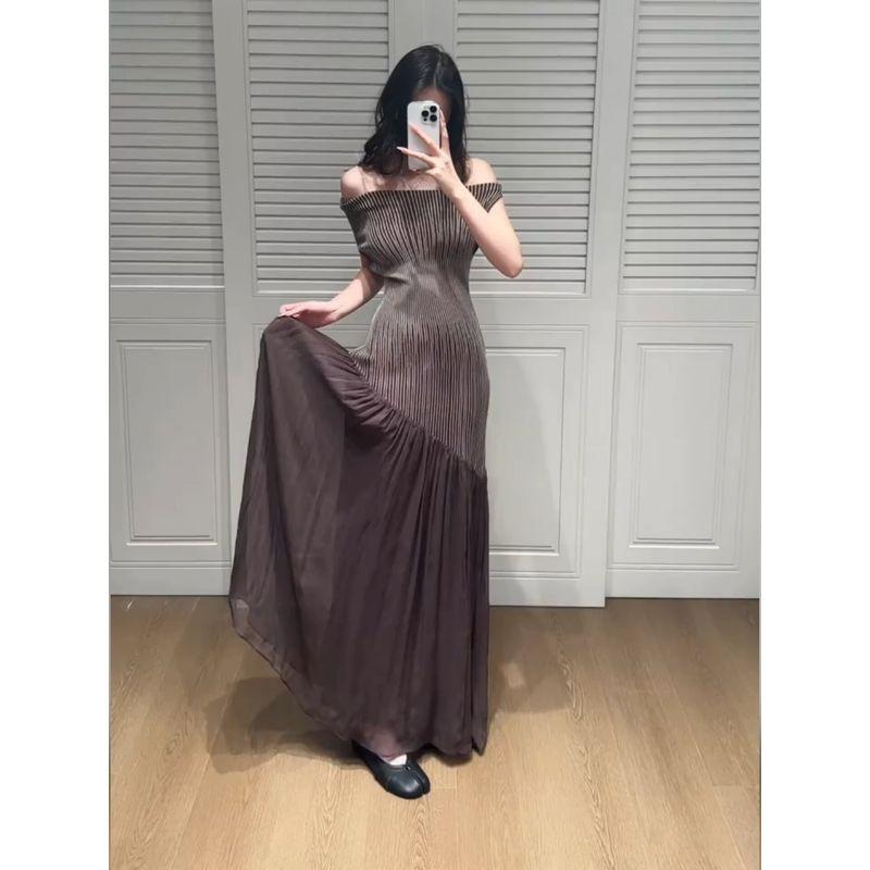 Retro One-Shoulder Knitted Dress for Women, Summer Dress, Hot Girl Style, Irregular Mesh Splicing, Hip-Hugging Long Skirt