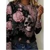 (Halloween New Style) Skull Flower Print Round Neck Design Long-sleeved T-shirt