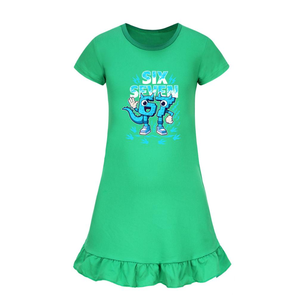 5192 Kids Girls Steal a Brainrot 67 Six Seven Printed Ruffle Short Sleeves Casual Dress