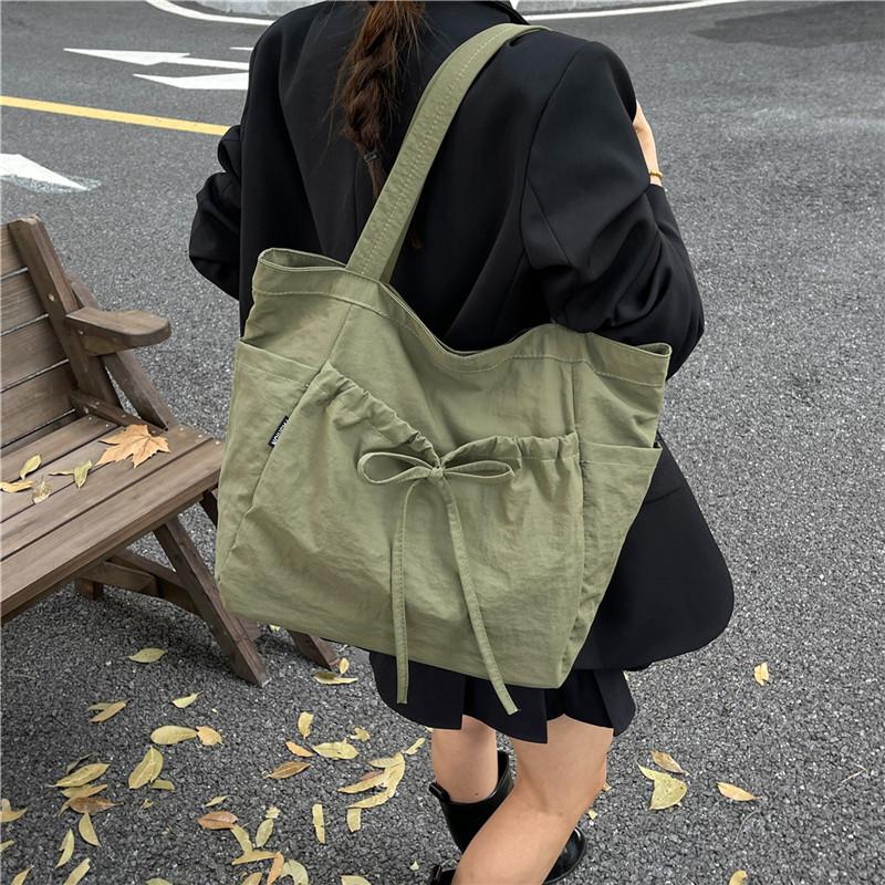 Bow Large Capacity Canvas Tote Bag Women's Autumn New Fashion Commuter Casual Shoulder Bag Pleated Handbag