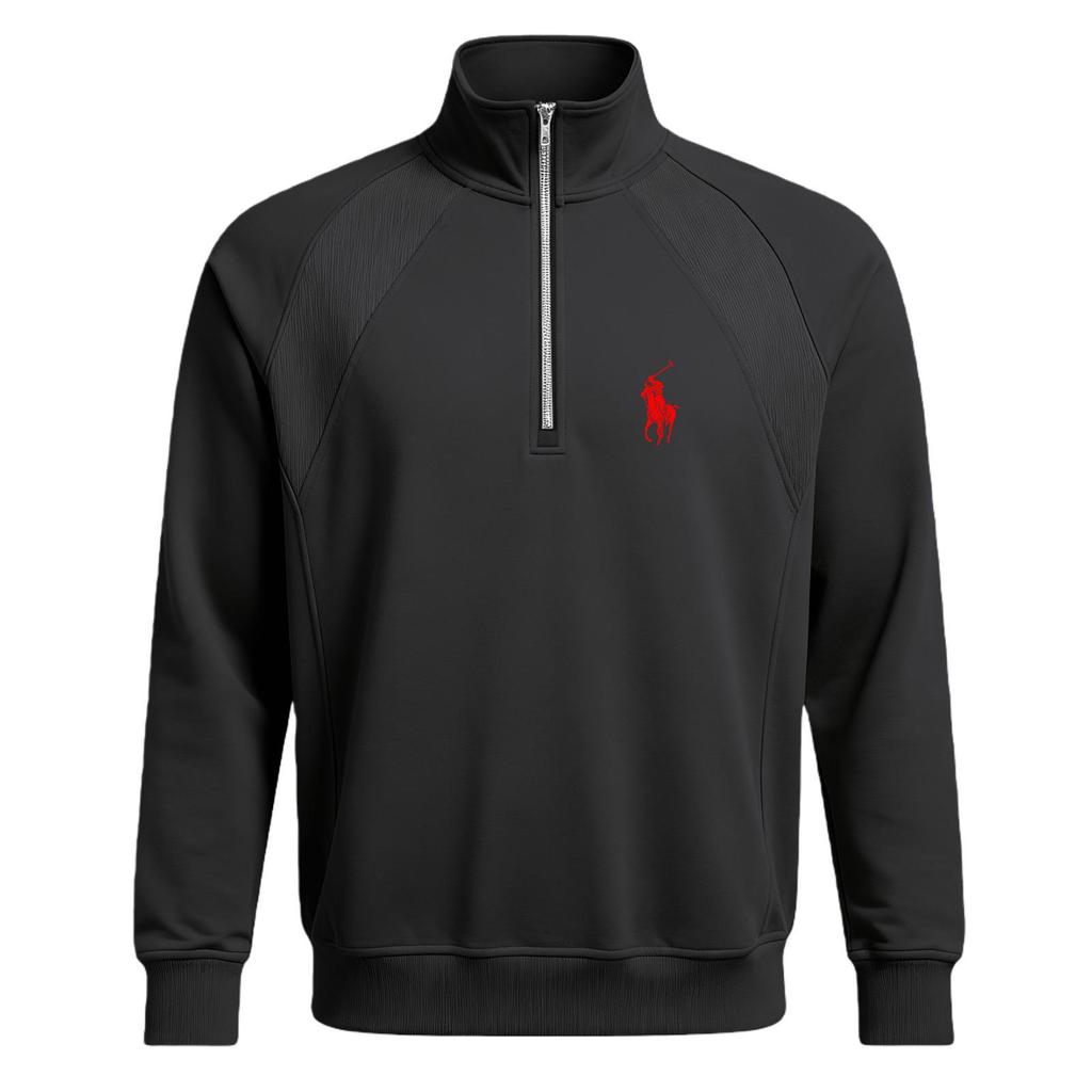 Autumn Men's Versatile Printed POLO Stand Collar Half-Zip Plus Velvet Casual Sports Sweatshirt Jacket