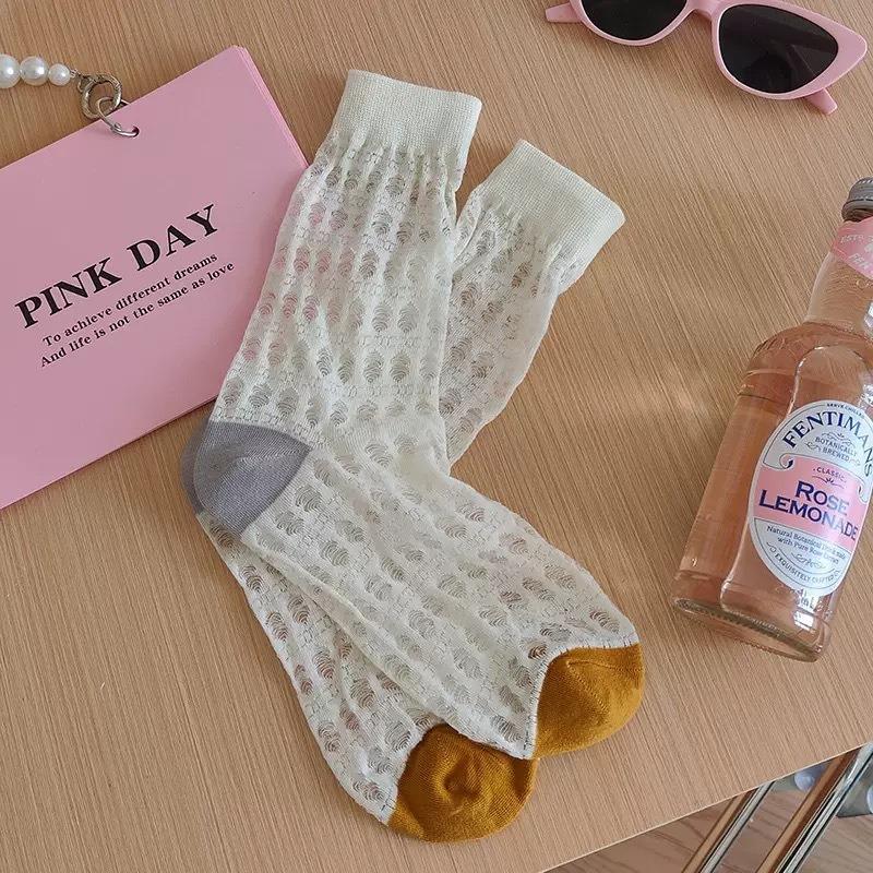 

Женские летние тонкие дышащие носки-трубы с ажурной вставкой 1 pair белый