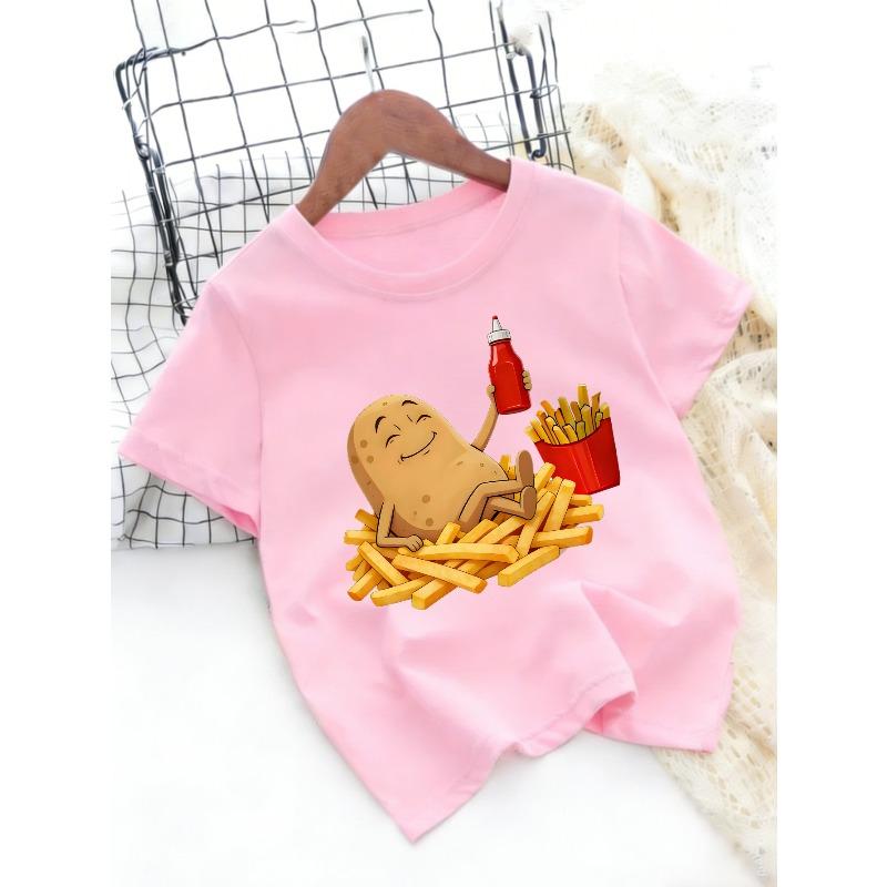 European sizes Children's Cartoon French Fries Potato Print T-Shirt for Boys and Girls, Summer Casual Round Neck Short Sleeve Top
