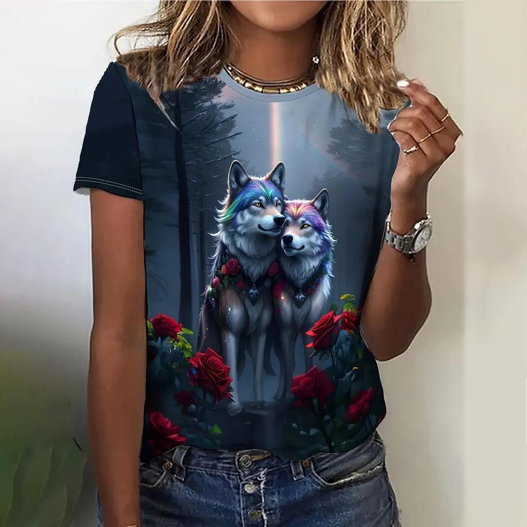 

Летняя женская футболка с принтом волка, женская повседневная одежда с коротким рукавом, верхняя одежда, футболки с круглым вырезом, уличные модные топы 3XL