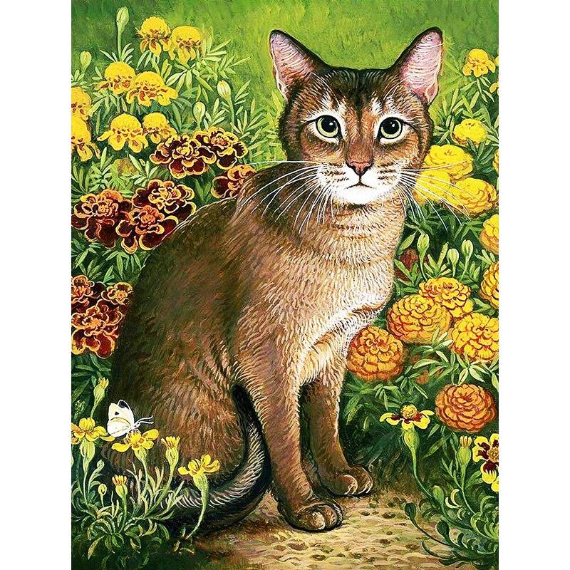 5D-Diamant-Malerei-Set zum Selbermachen, Katze in den Blumen, Diamant-Stickerei, Strass-Dekorationen für Zuhause