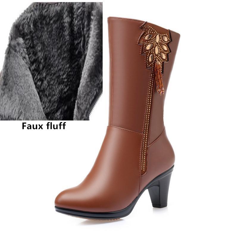 Ekte skinn Vinterstøvler av høy kvalitet Kuskinn Vinterstøvler Høyhæl Ull Varme Kvinnelige Duskstøvler