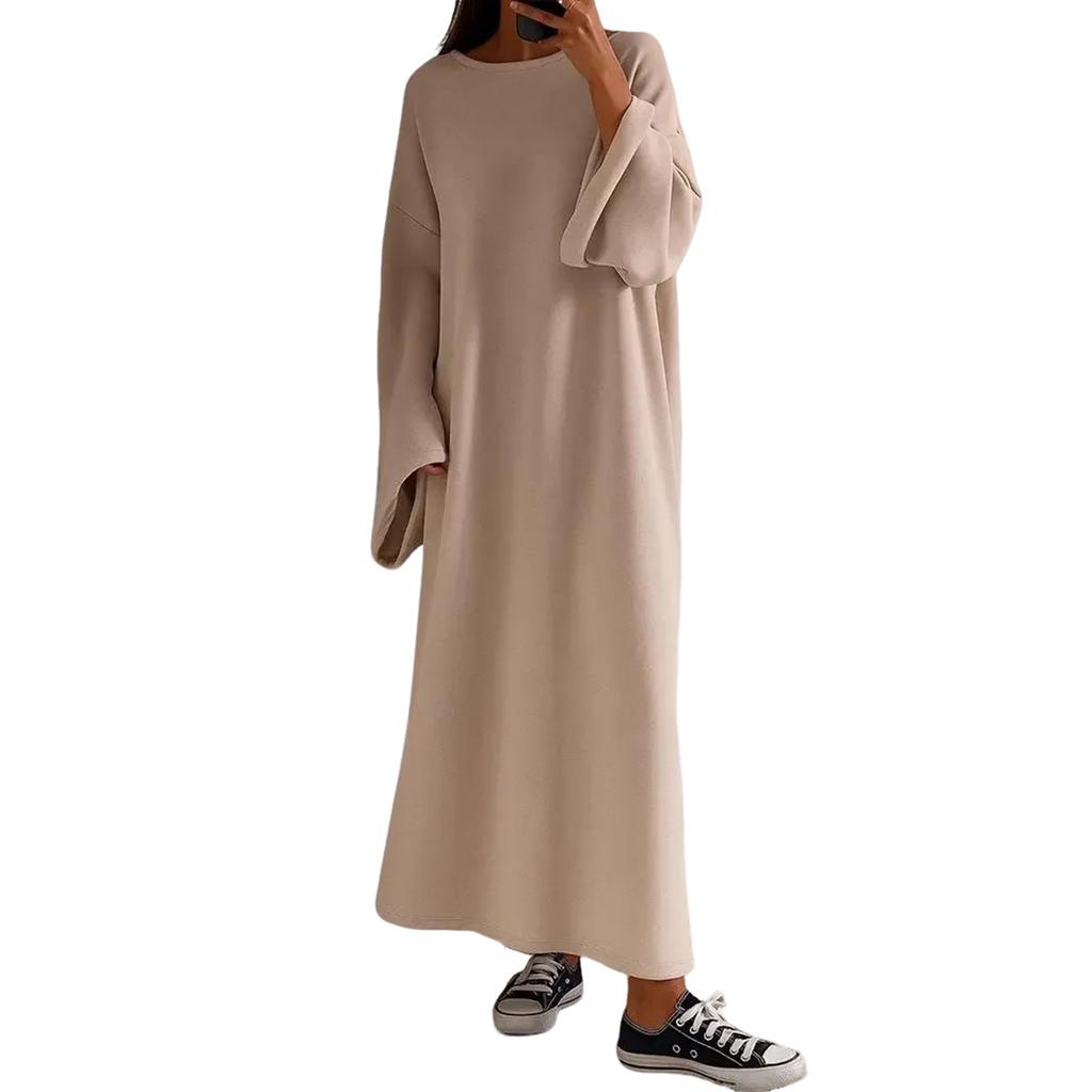 Women's Casual Loose Fashion Solid Color Round Neck Long Sleeve Dress