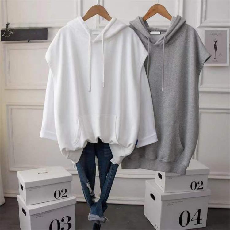 Women's Casual Loose Hooded Sweatshirt Large Size Mid-length Sleeveless Coat Solid Color Vest Top
