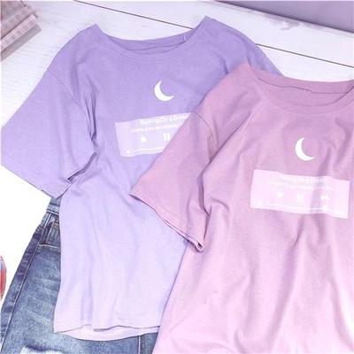 Moon Graphic Aesthetic Purple Print Tops Harajuku Japan Cute Sweet Pink Casual Sweet Girls Vintage Harajuku Kawaii Women T-shirt