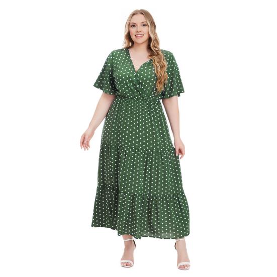 Sukienka damska plus size z dekoltem w serek, krótkim rękawem, falbankami i płynnym dołem midi