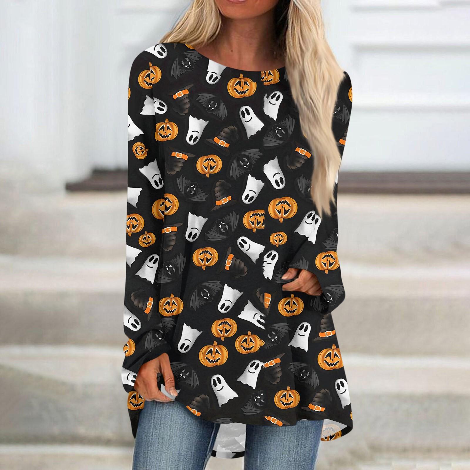 

Женская мода, повседневная блузка с длинным рукавом и круглым вырезом на Хэллоуин, пуловер с круглым вырезом XXL