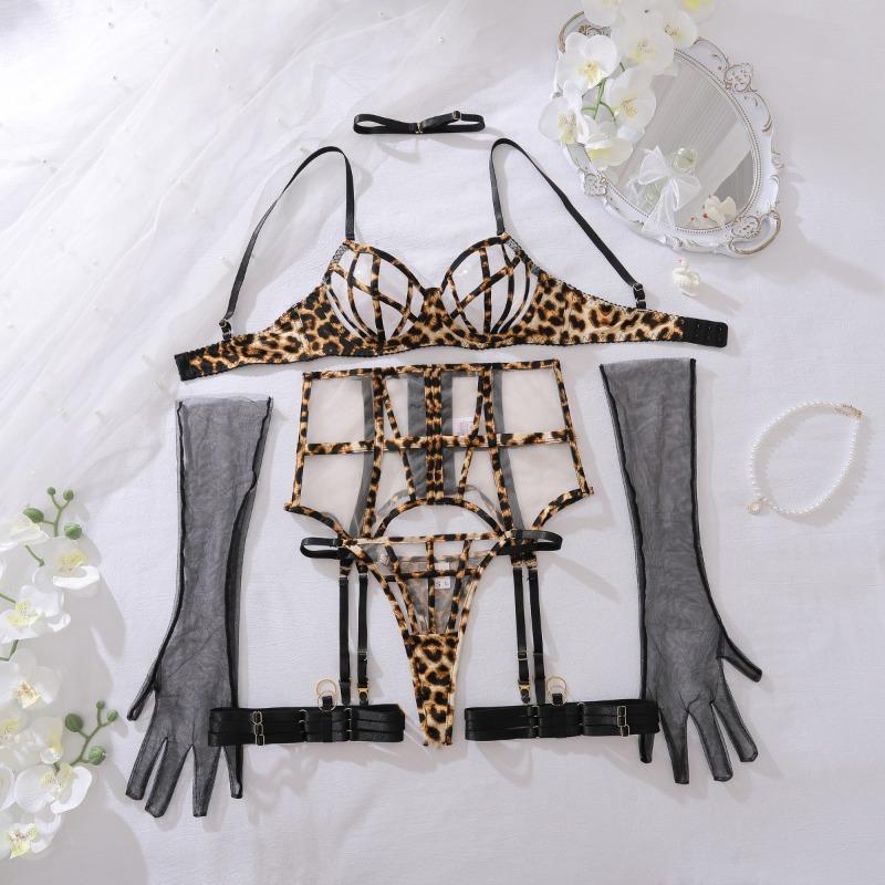 Luxury Lingeries Sexy Hot Women Erotic Costumes See Through Mesh Pusp Up Bra And Panty With Garter Belts Gloves Choker Underwear