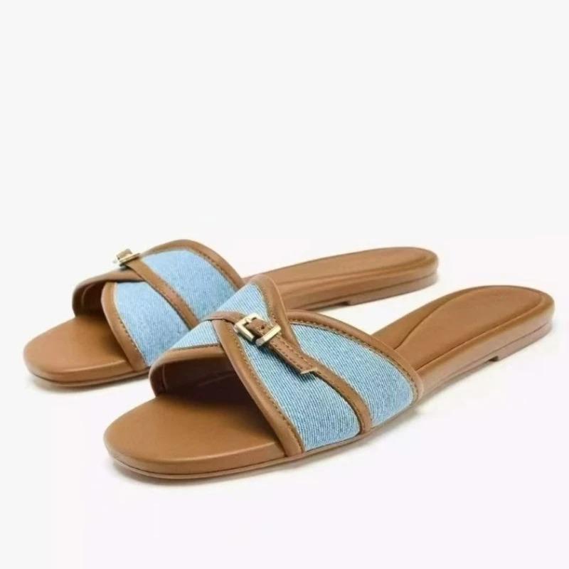 Fashion Novelty Blue Denim Flat Slippers Women Fashion Round Toe Metal Buckle Decorate Brand Designer Shoes Cozy Non-slip Beach Shoes