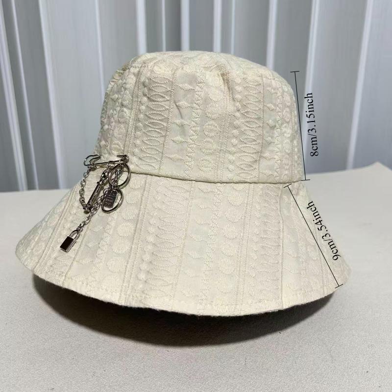 Women'S Beige Cotton Bucket Hat With Embroidery & Detachable Pin Charm, Uv Protection Wide Brim Sun Hat For Outdoor Beach Travel