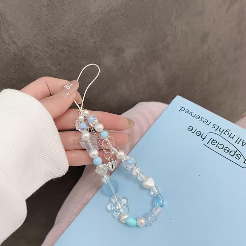Pearl Beaded Phone Lanyard for Women - Heart & Bow Chain, Luxurious Anti-Lost Accessory Blue Heart Bracelet