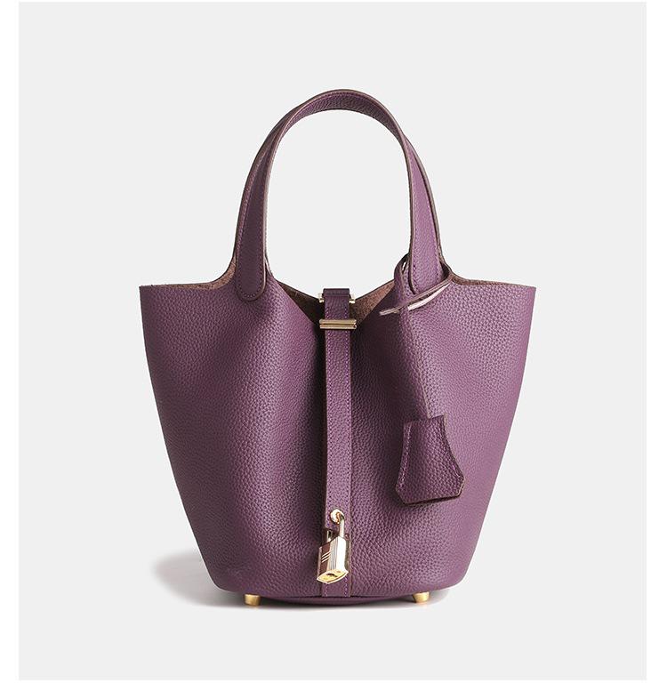 2025 Large Capacity Genuine Leather Commuter Handbag - Lychee Pattern Cowhide Bucket Bag