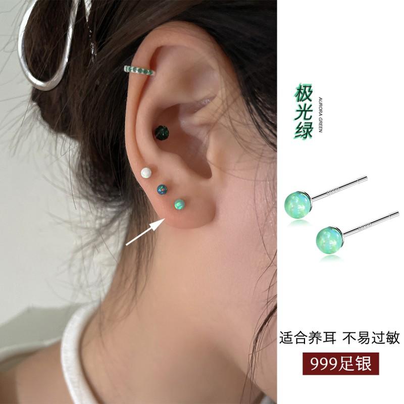 Geometric Opal Stud Earrings Women Sterling Hypoallergenic Ear Bone Piercing Jewelry Minimalist INS Style