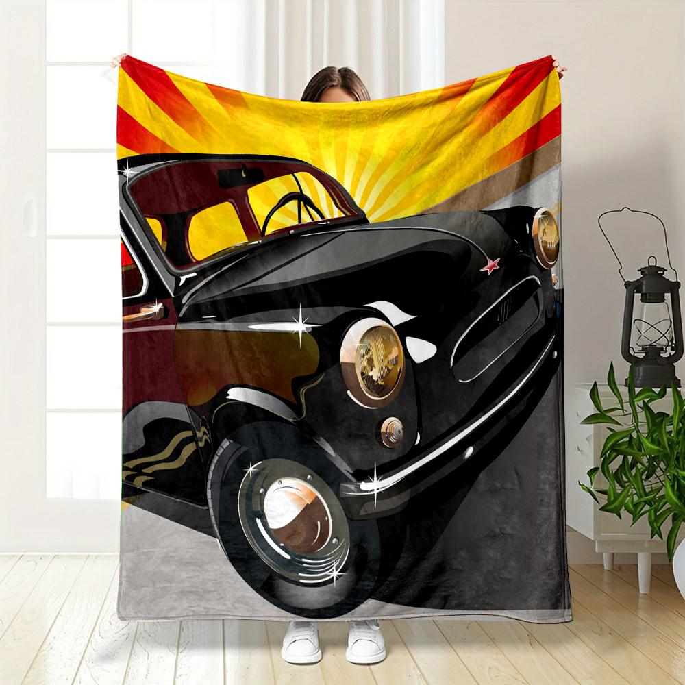 Vintage Black Car with Sunburst Background Patterned flannel blanket perfect for the bedroom living room, sofa, or a little nap