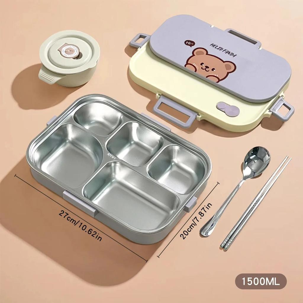 304 Stainless Steel Bento Box with Bowl Cutlery Large Capacity Divided Food Storage Container Sealed Lunchbox for Kids School