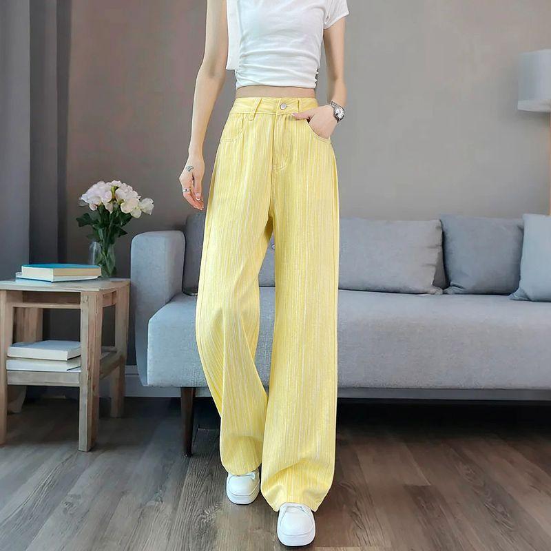 

Yellow Wide Leg Denim Women s Summer Thin 2025 New Arrival High Waist Loose and Slimming Drape Narrow Straight-leg Pants Yellow XL([60.50 kg-67.50 kg]])