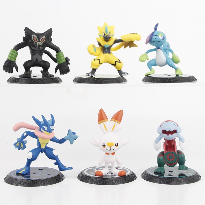 6pcs/set Pokemon Mega Greninja Zeraora Scorbunny Zarude Drizzile Figure Toys 7cm