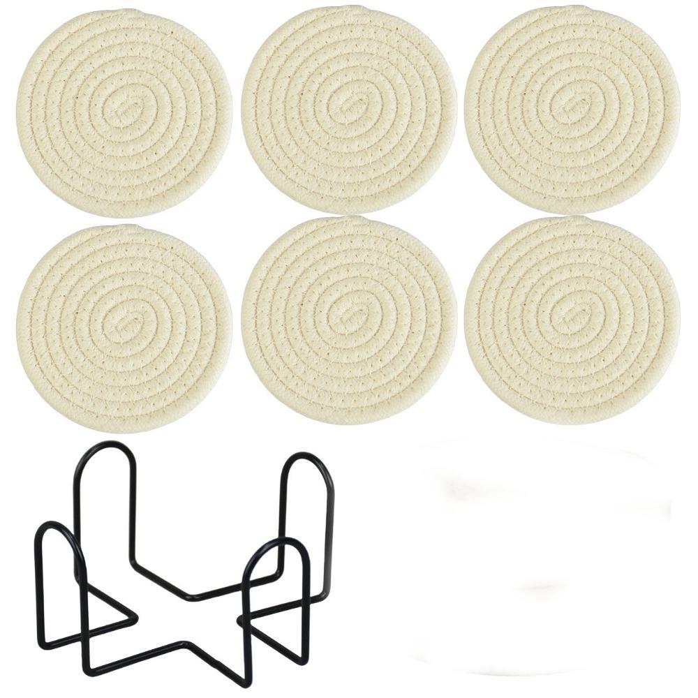 6Pcs Heat-resistant Woven Round  Coaster Set with Holder Tableware Mat Cup Coaster  Household