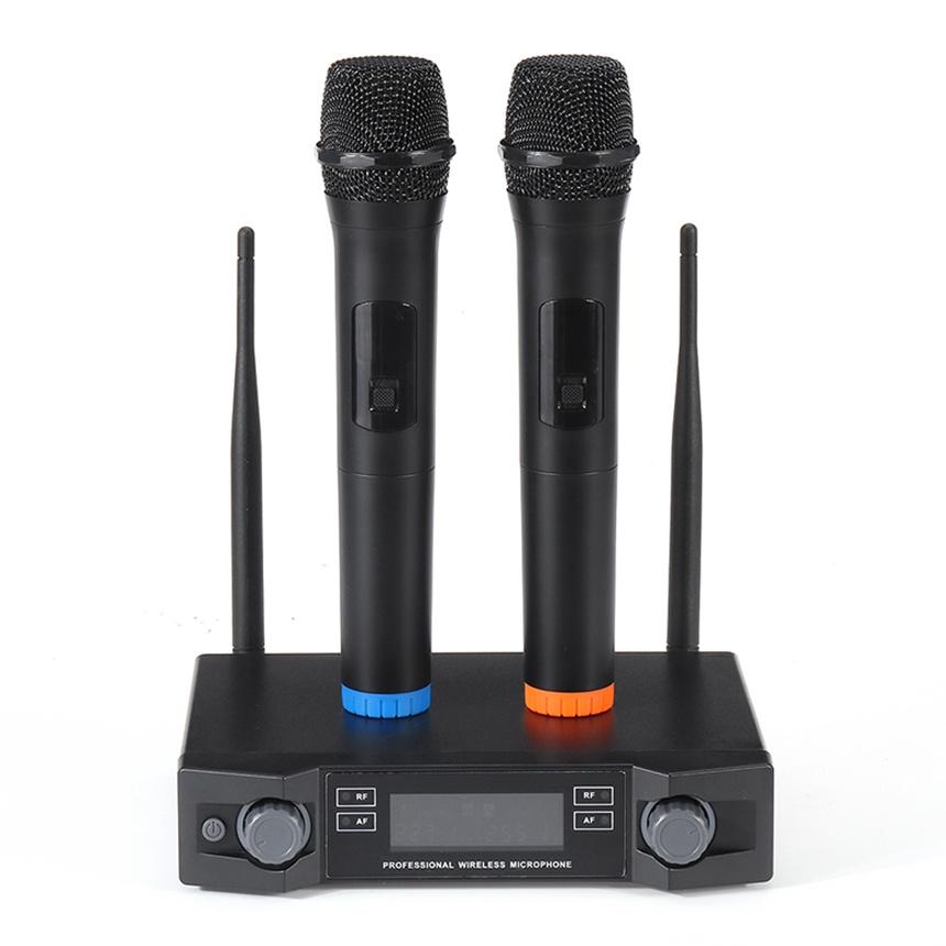 12V 0-280mV 2 Channel New UHF Professional Dual Wireless Microphone System Kits Cordless Handheld Mic Long Range for Karaoke Speech