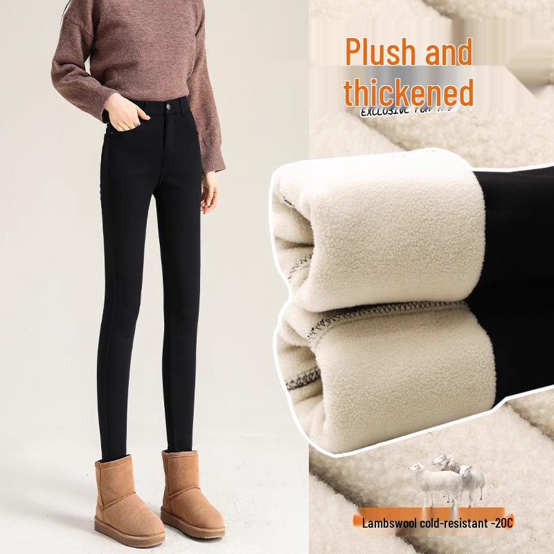 

Women s Winter Fleece-Lined Black Leggings - Thick Lamb Fleece Cotton, Slim Fit, Autumn/Winter 2025 Style XL (116-125 lbs)